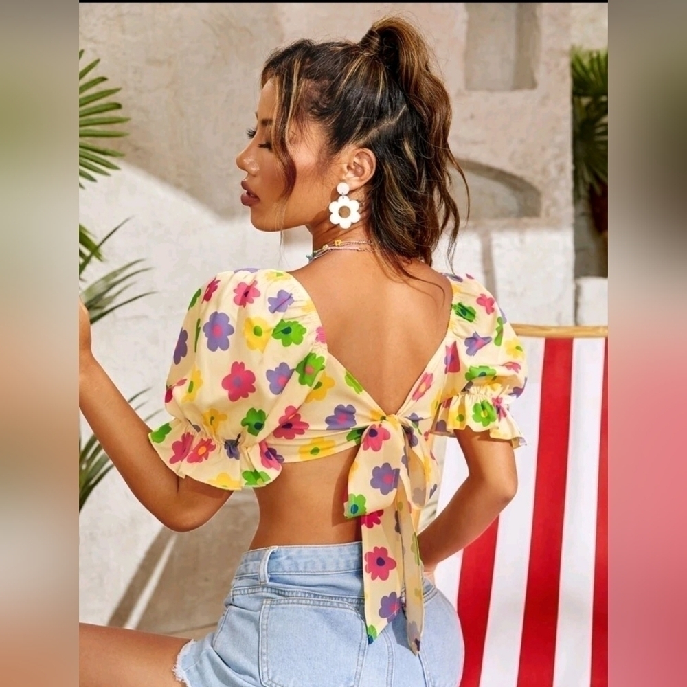 Puff Sleeve Tie Back Top